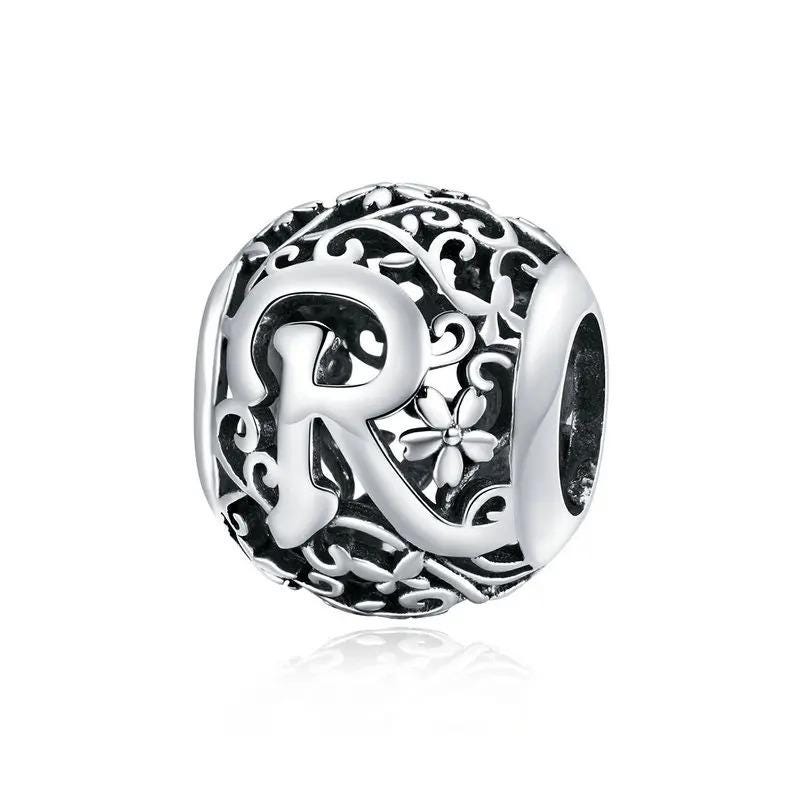 Sterling Silver Letter Charm – Filigree &amp; Floral Openwork Design
