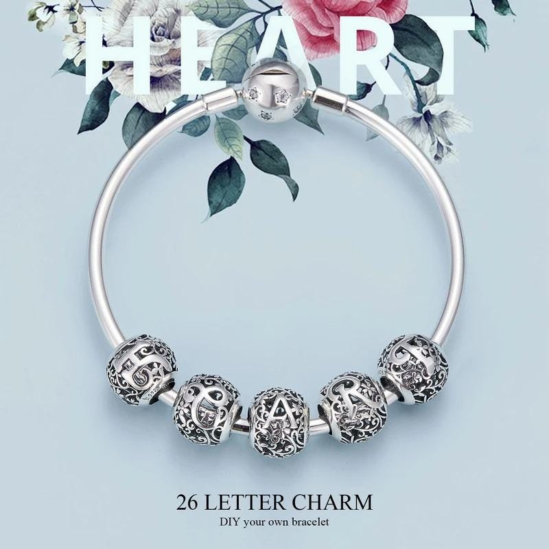 Sterling Silver Letter Charm – Filigree &amp; Floral Openwork Design