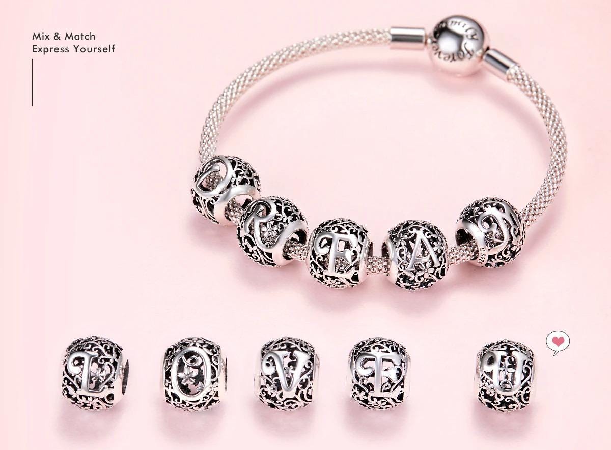 Sterling Silver Letter Charm – Filigree &amp; Floral Openwork Design