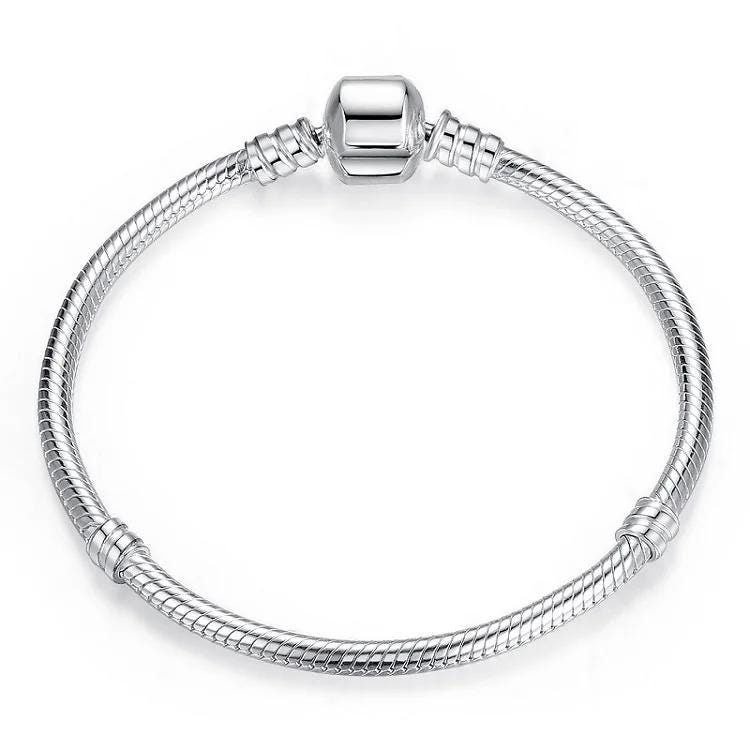 Sterling Silver Snake Chain Barrel Clasp Charm Bracelet - Long Length