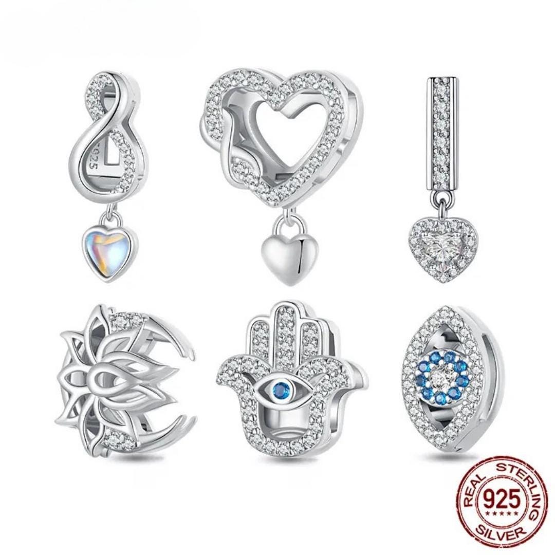 925 Silver Charms for Platinum Rose Clasp Wide Flat Chain Bracelet