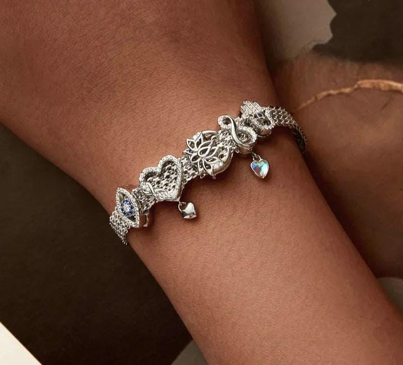 Platinum Heart Clasp Wide Flat Chain Charm Bracelet