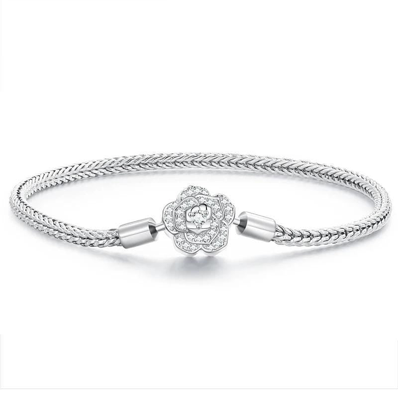 Platinum Plated over 925 Sterling Silver Rose Charm Bracelet Wheat Chain