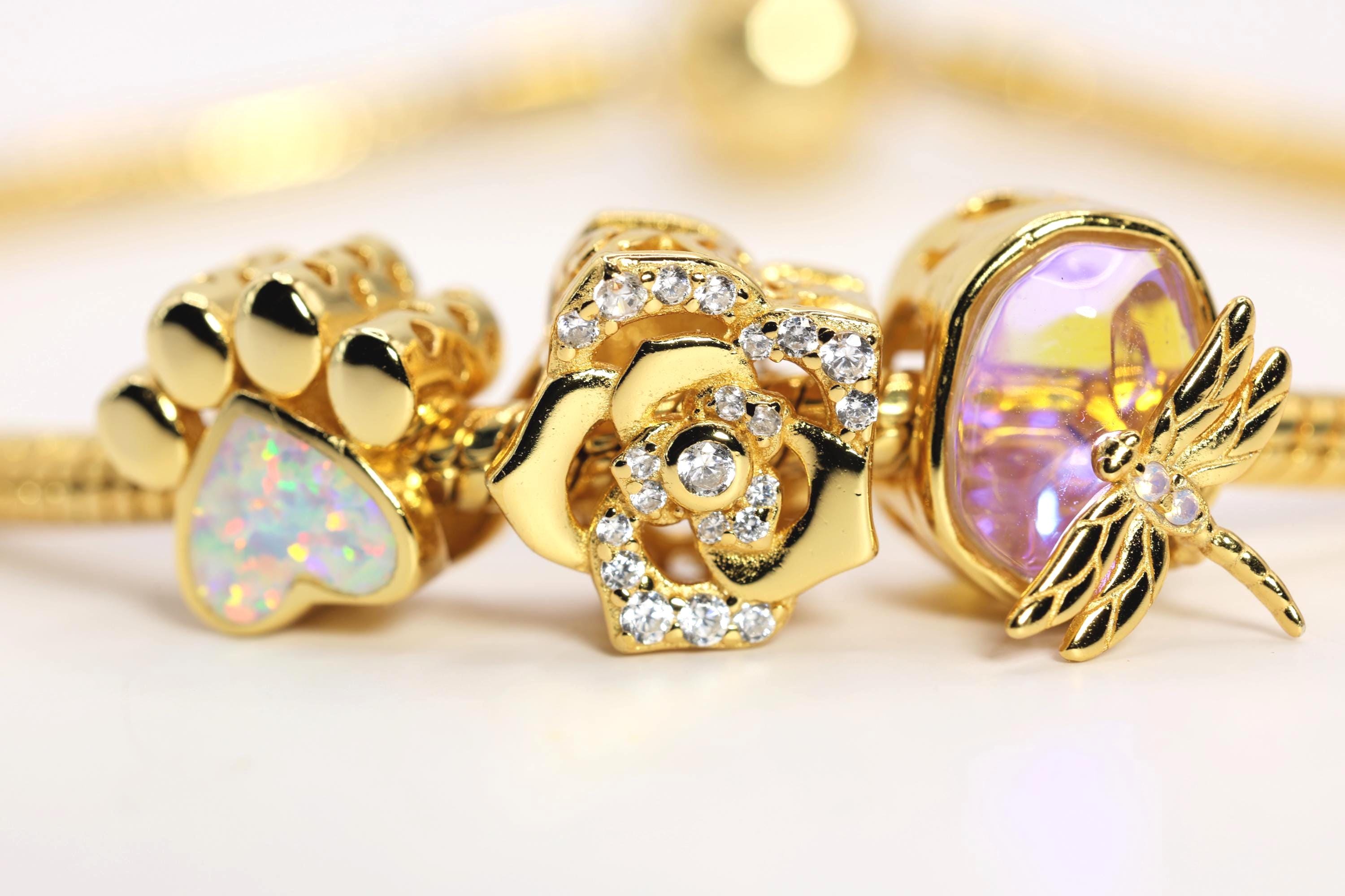 18k Opalite Memorial Paw Print Gold Plated Cubic Zirconia Charms fits Pandora Bracelet BUY 3 GET 65% OFF