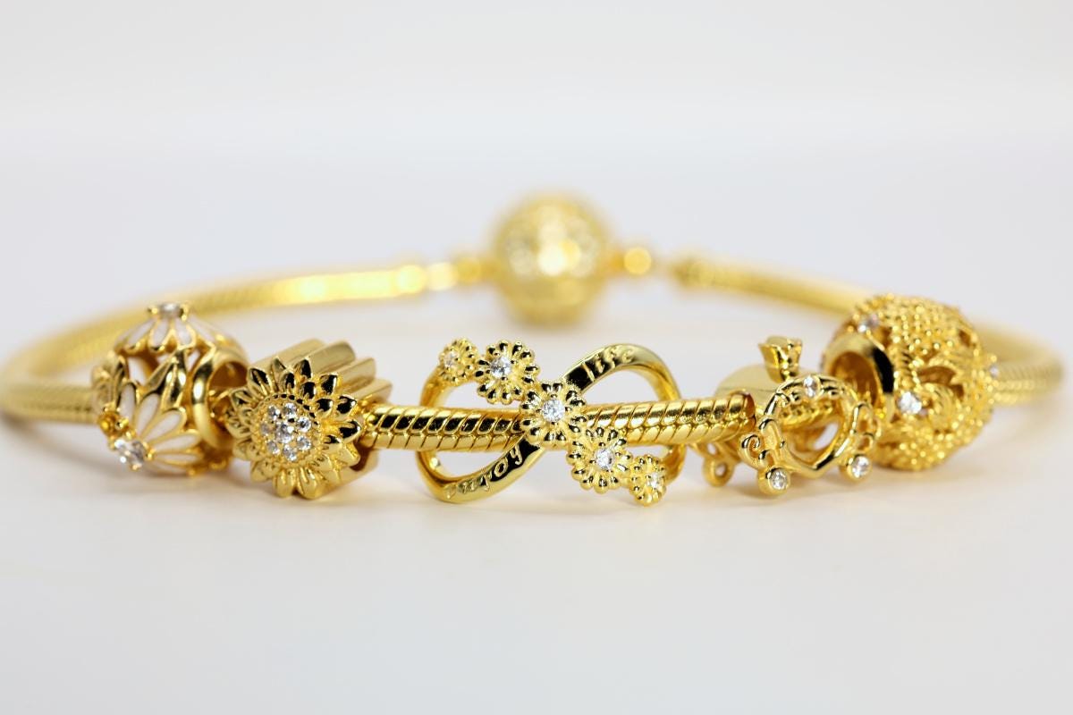 18k Gold Vermeil over 925 Silver Cubic Zirconia Snake Chain Charm Bracelet