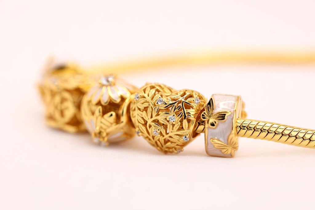 18K Gold Plated Heart Leaf Charm fits Pandora bracelet BUY 3 GET 65% OFF