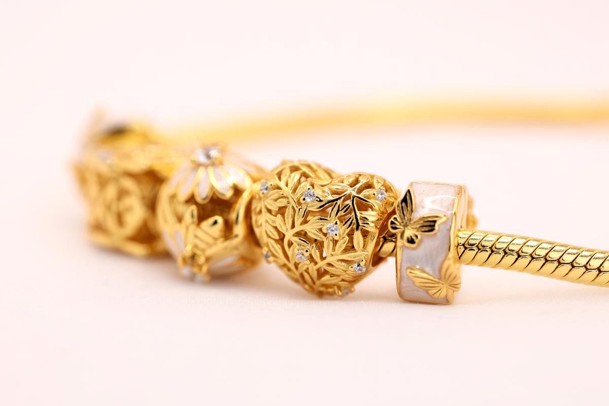 18K Gold Plated Heart Leaf Charm fits Pandora bracelet BUY 3 GET 65% OFF
