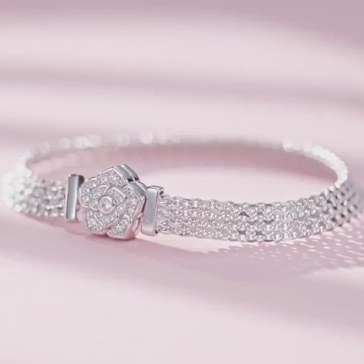 Platinum Heart Clasp Wide Flat Chain Charm Bracelet